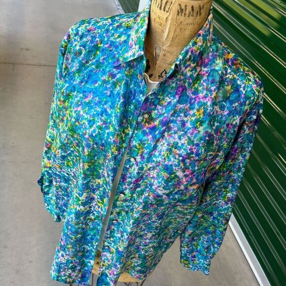 Vintage 1980s 1990s 100% Silk Sheer Splatter Dyed Oversized Blouse - M - Picture 2 of 10